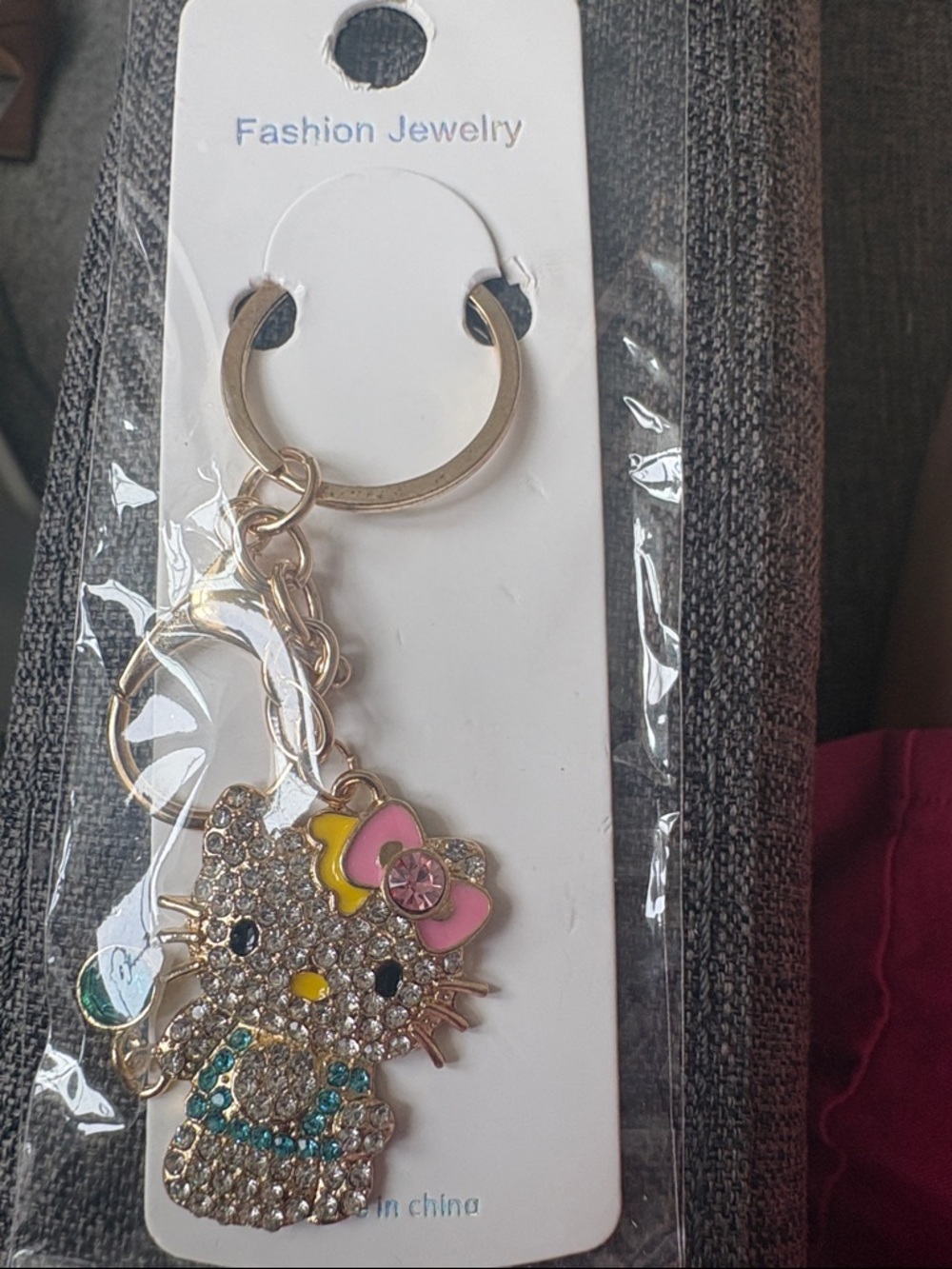 Gold Rhinestone Hello Kitty Keychain with Pink Accent - Fashion Jewelry